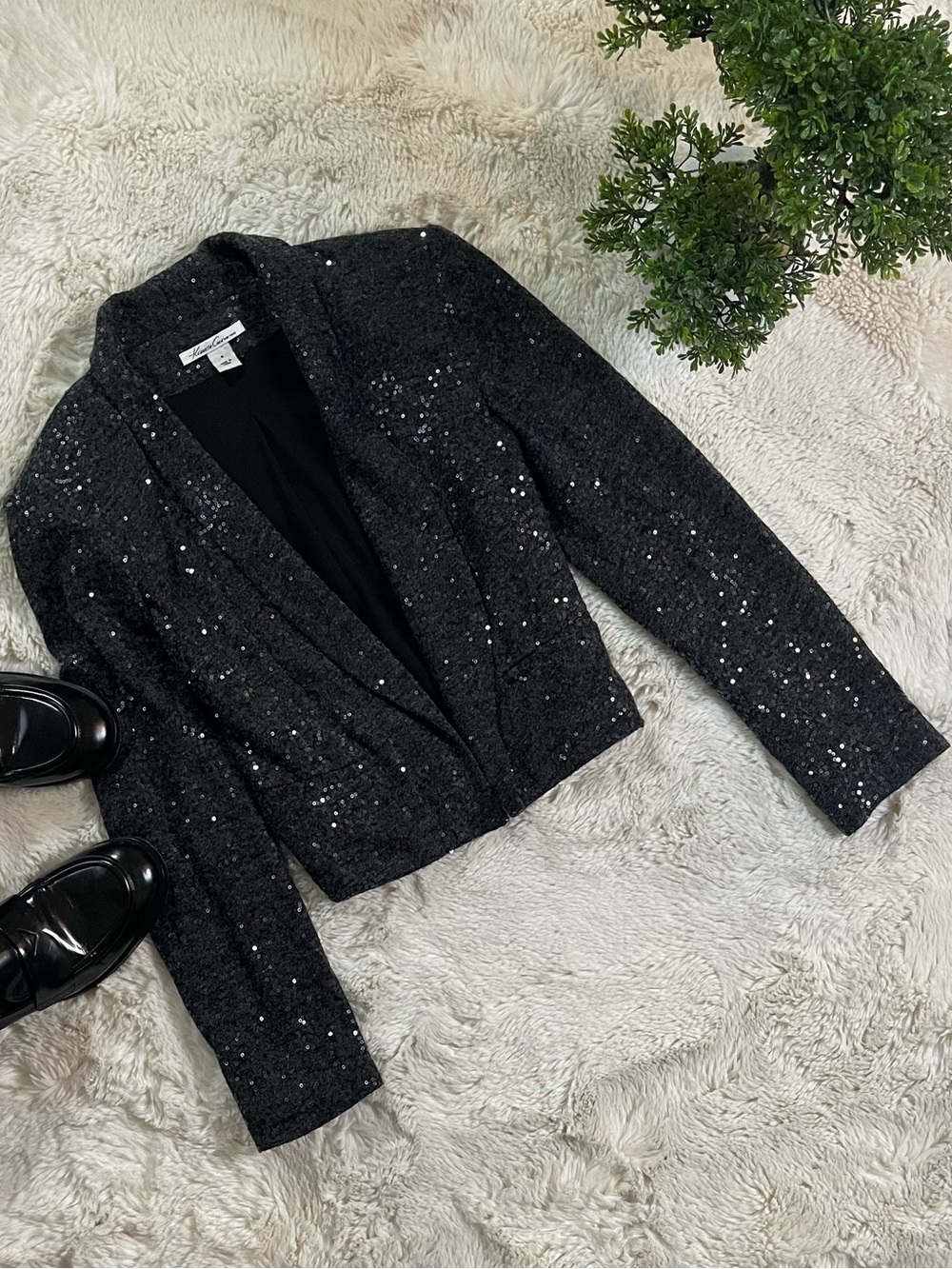 Kenneth Cole NY Sequin Open Front Blazer Jacket Charcoal Gray Boucle Size 4